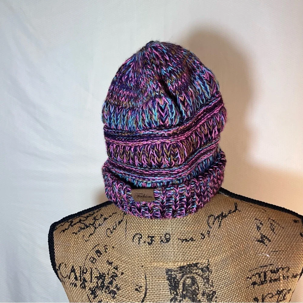 Multi-Color Marled Knit Ponytail Beanie - Purple & Pink Chunky Messy Bun Hat
